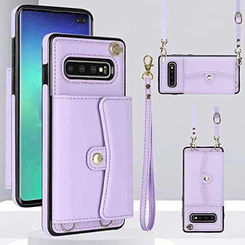 Asuwish Калъф за телефон Samsung Galaxy S10e, една Чанта-портфейл с RFID заключване, Държач за кредитни карти, Лента за през рамо, Поставка за Дантела, Кожена Лента слот, Аксесоари