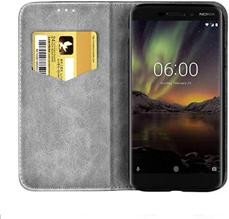 Калъф за мобилен телефон, бизнес Обикновен кожен калъф-книжка с хоризонтална отстрочкой за Nokia 6 (2018 г.), с титуляра, отделения за карти, чантата и шнурком (сив) (Цвят: с