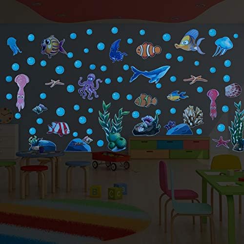 Rotkeym 3D Светят в Тъмното Морски Стикери за стена, Стикер на Подводния морски свят, етикети с Риба-Акула, Стикери за стени, направени със собствените си ръце, за да спал