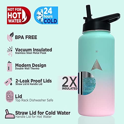 Спортна бутилка Arctic North (Hydro Pink, 32 грама / ¼ литра) + 2 капачки - Студена или топла - С широко гърло - Бутилка за вода с двойни стени и соломинкой - От неръждаема стомана с в