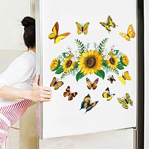 Стикер за стена със Слънчогледи, 12 бр., 3D Цветни Стикери за стена с Пеперуди за Детска, Спалня, Баня, Кухня,