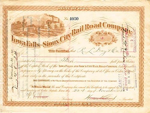 Iowa Falls and Sioux City Railroad Co. - Склад за сертификат