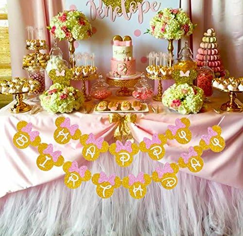 Банер честит Рожден Ден в Розово злато стил с Мини Маус, Украса за Парти в чест на рождения Ден на Мини маус