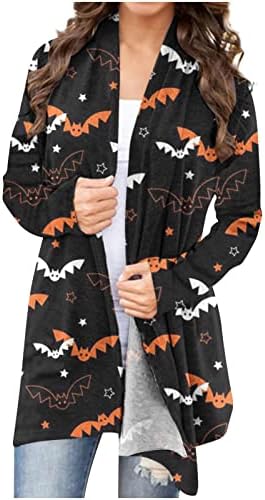 Хелоуин жилетки за жени ежедневни дълги ръкави, отворена отпред тиква призрак котка вратовръзка боя печат кимоно