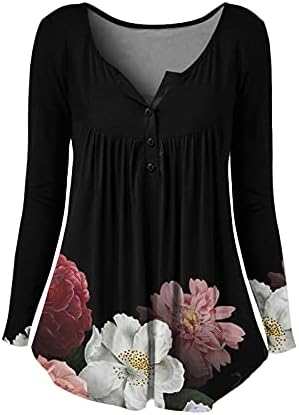 Дамска Туника Balakie с Цветен Модел, Блузи с дълъг Ръкав, Ежедневна Блуза-риза Henley С V-образно деколте и Копчета