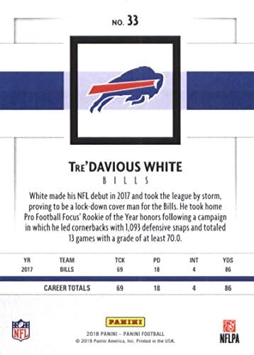 Официалната търговска картичка Панини Футбол NFL 2018 33 Tre'Davious White Buffalo Bills