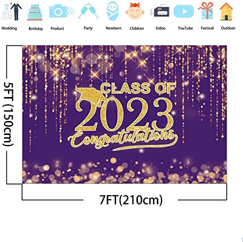 Бала фон Avezano клас 2023, Пурпурни и златни блестящи петна Боке, Поздравительный фон за завършилите, Банер