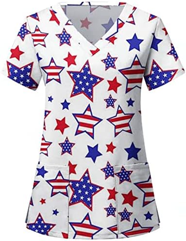 Женска тениска с 4-ти юли, Американското Знаме, Лятна Тениска с Къс ръкав и V-образно деколте, 2 Джоба, Блузи,