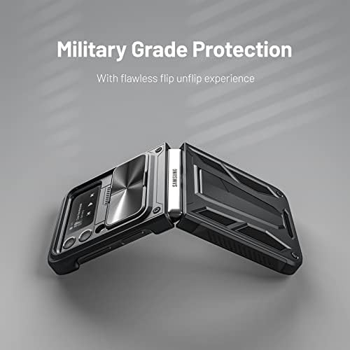 Калъф CASESTAR серия Military Armor за Samsung Galaxy Z Flip 4 / Z Flip 3, Вградена поставка за краката и защита на камерата, разтегателна делото - (Черен металик)