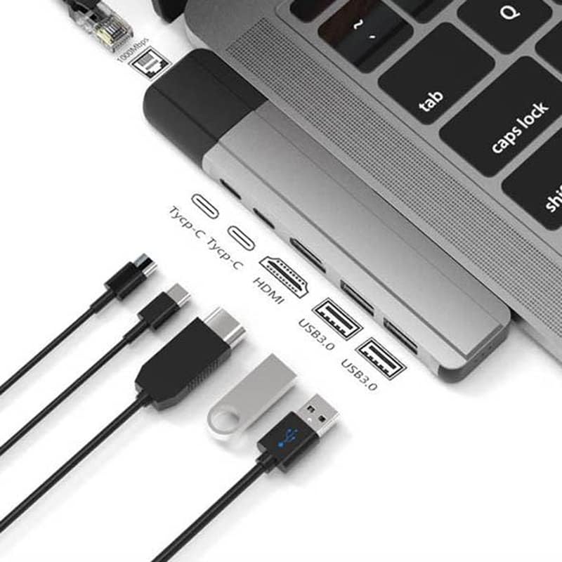 Адаптер-USB хъб C 6 в 1 Dongle с порта USB 3.0 4K, HDMI Type C, за Бързо зареждане на Преносими компютри (Сребрист)