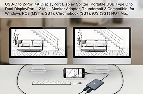 aegis USB-C - 2-портов видео сплитер с няколко порта, DisplayPort 1.4-Преносим MST-hub-Двойна 4K / 60Hz или 4K / 30hz - Съвместим с Thunderbolt 3, само за Windows (MST и SST), Chromebook (SST), iOS (SST), НЕ е Mac