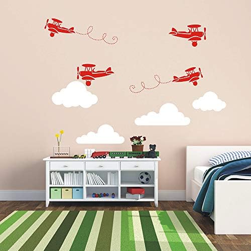 JUEKUI Самолет Стикер на стената Самолет с Облаците Стикер на Стената за по-Малките Момчета Украса Спални Боец Стенен Декор WS65 (Червено и бяло)