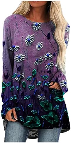 Памучни Рокли-Дамски Ризи, пуловер С кръгло деколте, Дълъг Топ с флорални принтом и Дълъг Ръкав