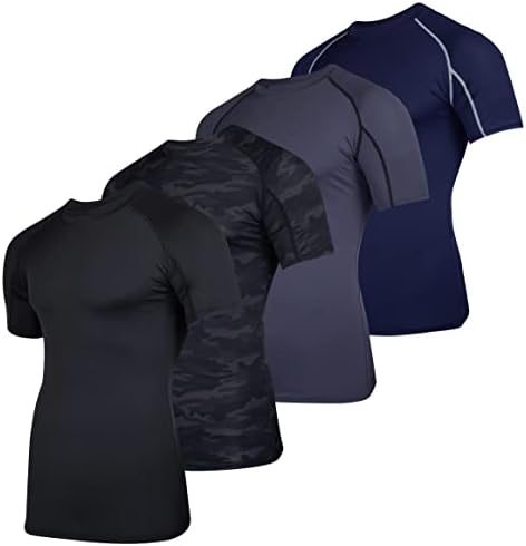 4 Опаковки: Мъжки Компресиране Риза с къс ръкав, Риза базов слой, Най-Active Атлетик Dry Fit Top (на Разположение