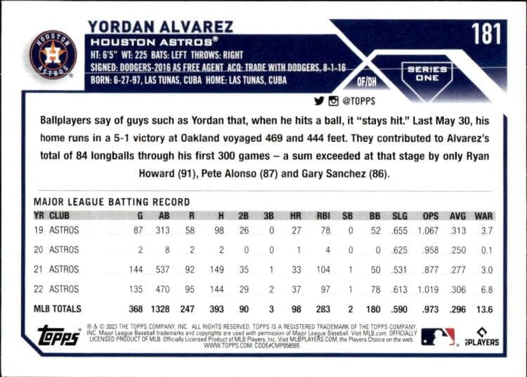 Йордан Алварес 2023 Печели 181 NM+-MT + MLB Бейзбол Astros