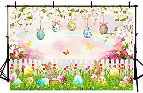 AIBIIN 7x5 фута Пролетен Великденски Фон Заек Зелена Трева Яйца Цветя Дъга Фон За Снимки Детски Душ За Парти