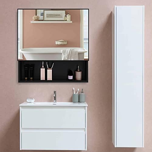 YEPOTUE Огледален Шкаф за лекарства, 23,6 x19,6 Черен Шкаф за лекарства За баня, Стенен монтаж, Алуминиев, Устойчив