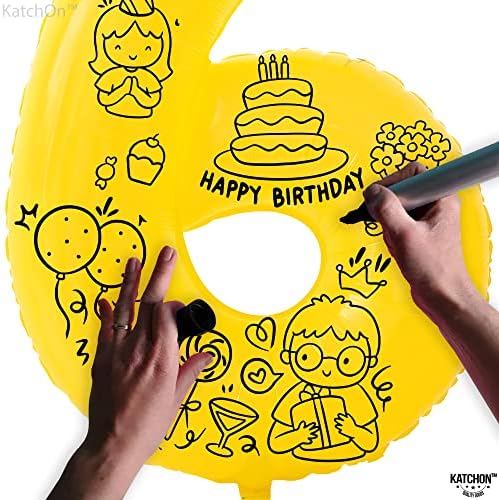 Катчон, Жълт балон с номер 6 - Огромен, 40 инча | балон с номер 6, Украса на 6-тия рожден ден за момичета |