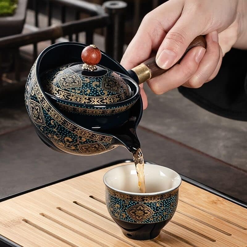 Порцеланов Китайски/японски Чай WOLIGECA кунг-фу, Преносим чайник с Въртяща се на 360 градуса кана с цедка за чай, Всичко на едно подарък пакет за пътуване, офиса, у дома и