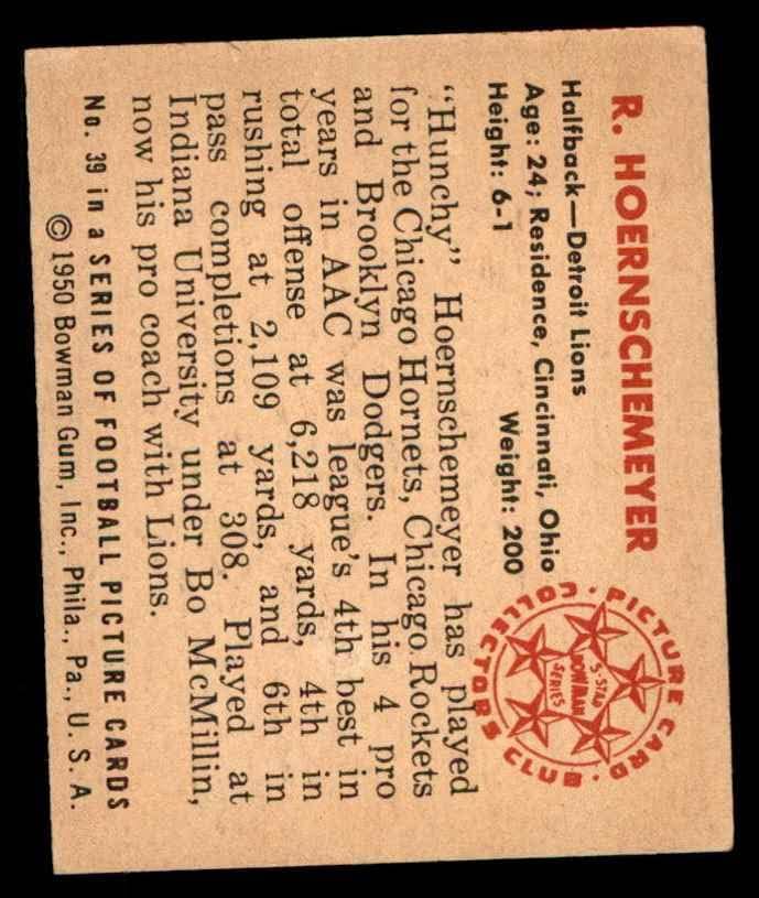 1950 Боуман 39 Боб Хорншемейер Детройт Лайънс (Футболна карта) БИВШ Лайънс Индиана