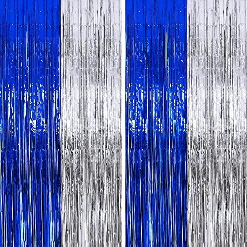 4 Опаковки 3,3 ft x 8,2 фута Декорация за Абитуриентски партита Синя Сребърна Сърма, Пердета с Ресни от Фолио