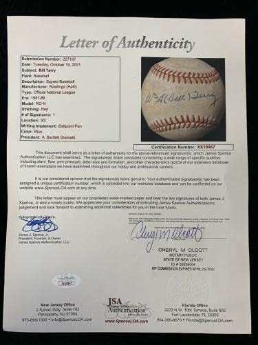 Wm H Бил Тери Ню Йорк Джайентс ПОДПИСА Официален ДОГОВОР С NL Giamatti Baseball JSA LOA - Бейзболни топки с