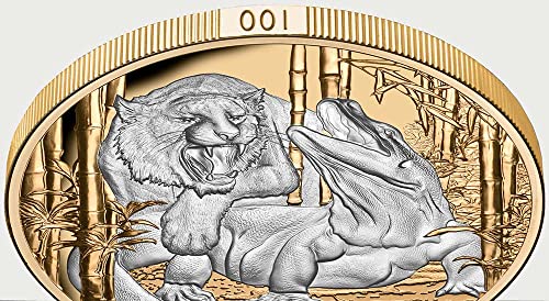 2022 DE Apex Хищници PowerCoin Комодский Дракон и Тигър 5 Грама Сребърна монета 10 $ Ниуе 2022 Proof