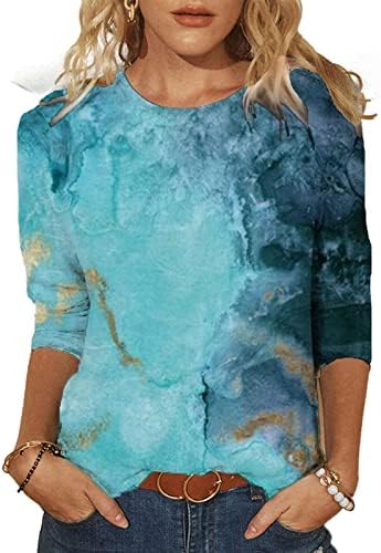 SMIDOW Дамски Модни Блузи с Географски Модел и 3/4 ръкав 2023, Лятна Свободна Ежедневни Тениска с кръгло деколте,