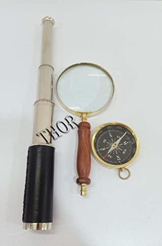 Морската джобен 2 на Месинг Компас с Телескоп от Черна кожа, с Увеличително Стъкло с Морска дървена кутия, Комплект