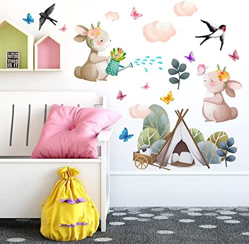Стикери за стена с Анимационни Заек и Пеперудата е за Хол, Спалня, Креативни Стикери за Стена с Животински,