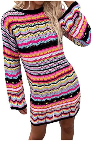 Дамски пуловери Зима 2022 с Пуловером в Розово Ивица, през Цялата Силует, Вязаное Рокля с дълги Ръкави, Красиви