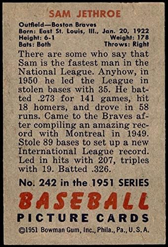 1951 Боуман 242 Сам Джетро Бостън Брэйвз (Бейзболна картичка) EX/MT Braves