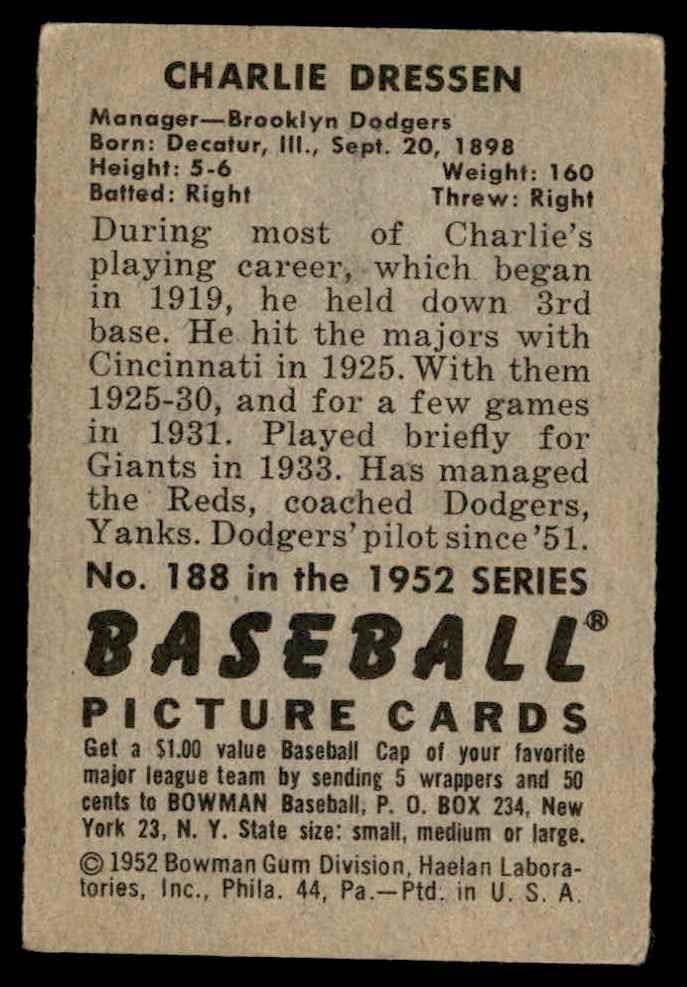 1952 Боуман 188 Чък Дрессен Бруклин Доджърс (Бейзбол карта) VG Dodgers