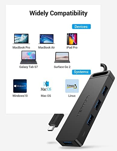 Хъб VENTION C USB адаптер USB Type C към USB с 4 порта USB 3.0, порт Thunderbolt 3 USB 3.0 с поддръжка на захранване, USB-хъб за лаптоп, MacBook Pro / Air 2020/2019 и на други устройства USB Type C 3 ФУТ