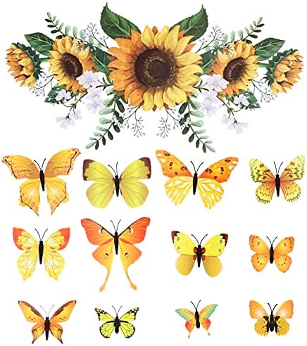VORCOOL Стикери за стена под формата на Семе и 12 бр. 3D Стикери за стена под формата на Пеперуди, Жълти Сменяеми