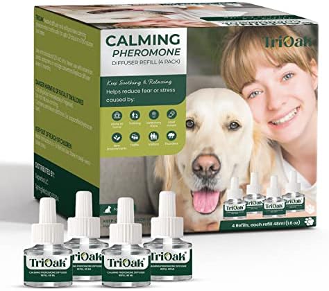 TriOak 4 Опаковки Пълнители за дифузор с успокояващи феромони за кучета, Увеличеният Запас от Успокояващи феромони за куче на 4 месеца, Феромони за облекчаване на трев?