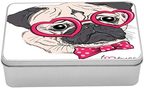 Лидице Кутия за мопс Ambesonne, Куче с Очила във формата на сърце и папийонка на Точки, Рисуване Аз обичам Мопс,