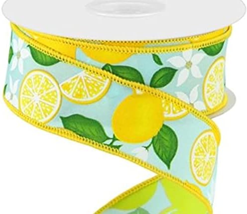 Лимони | Лента с тел край с лимонов принтом | 10 ярда (10 ярда лимонена 1,5-инчов естествена, жълта, зелена)